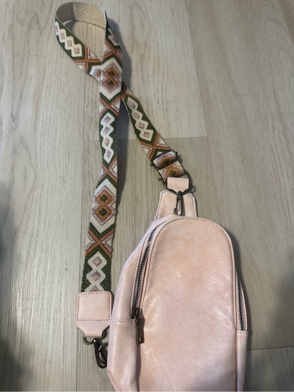 Blush Pink Crossbody Sling Bag with Patterned Strap